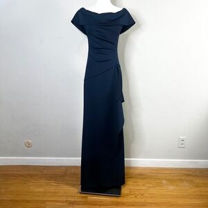 Xscape Maxi Dress Navy Blue Off Shoulder Ruched Gown Formal Evening Size 4